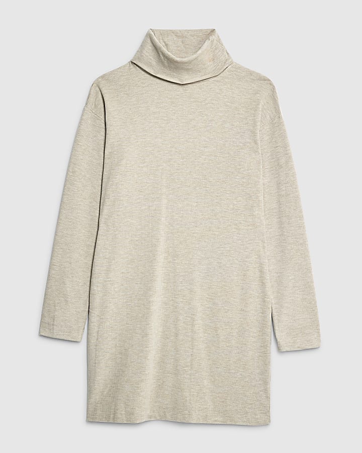 river island Beige Long Sleeve Cosy High Neck Mini Dress