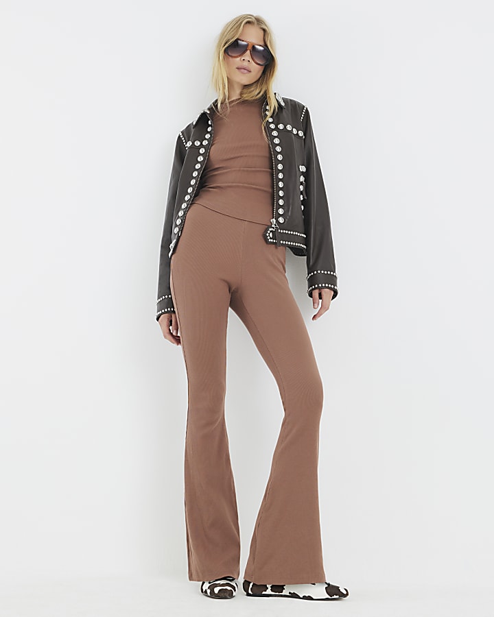 River Island Beige Long Sleeve Crew Neck Ribbed Top