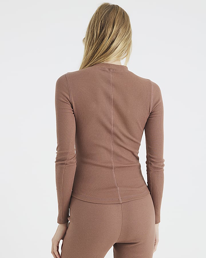 River Island Beige Long Sleeve Crew Neck Ribbed Top