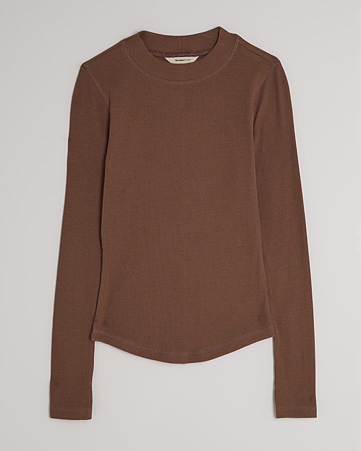 river island Beige Long Sleeve Crew Neck Ribbed Top