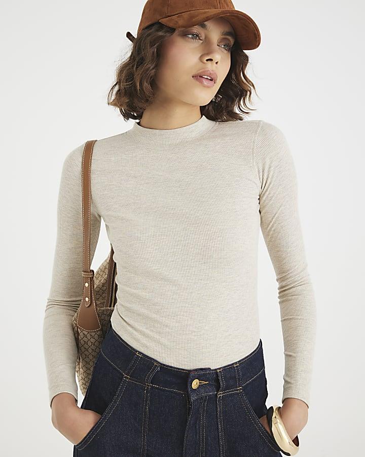 River Island Beige Long Sleeve Ribbed Crew Neck Top