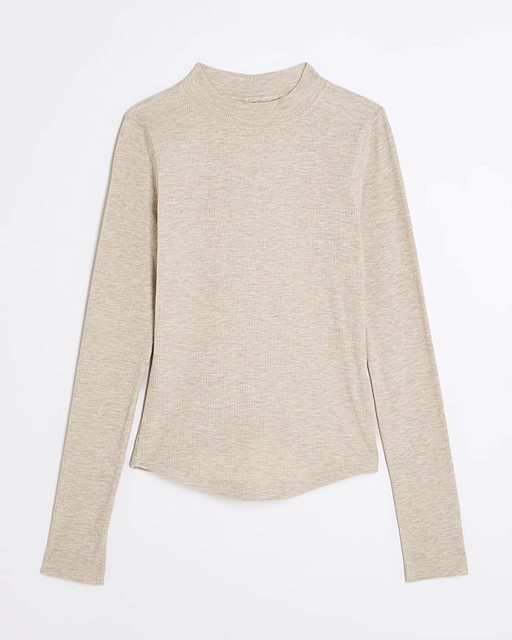 river island Beige Long Sleeve Ribbed Crew Neck Top