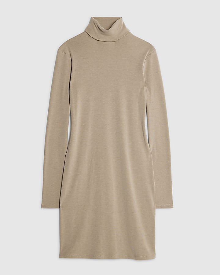 river island Beige Long Sleeve Roll Neck Mini Dress