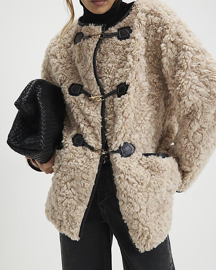 River Island Beige Long Sleeve Tipped Borg Duffle Coat