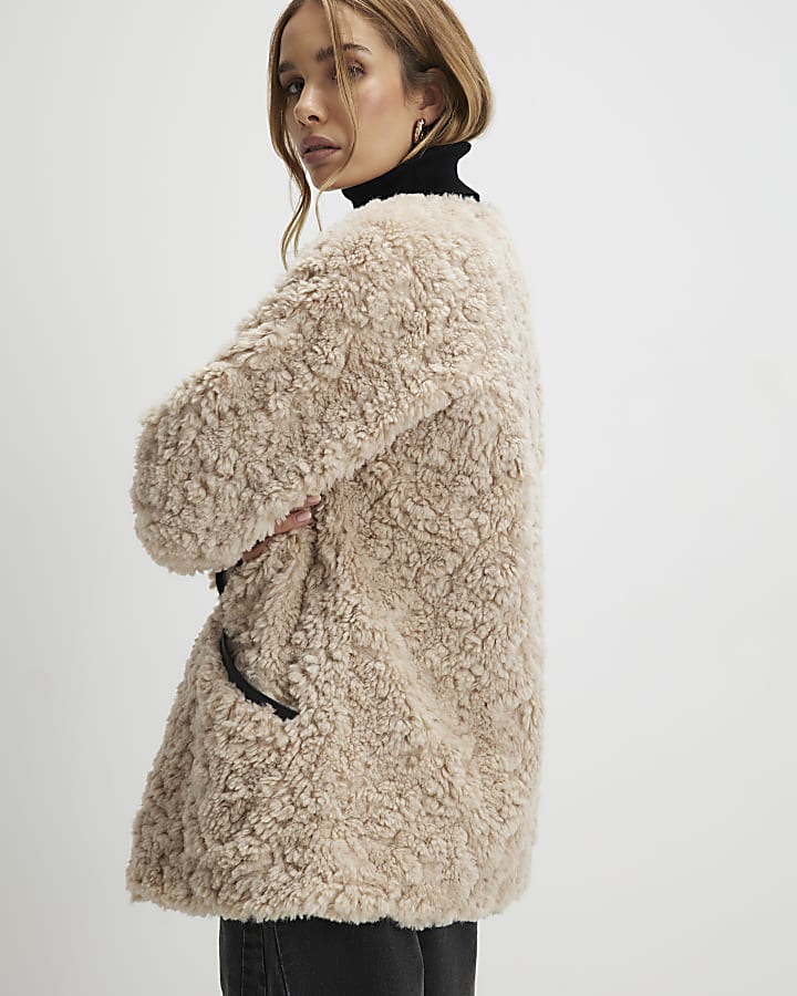 River Island Beige Long Sleeve Tipped Borg Duffle Coat