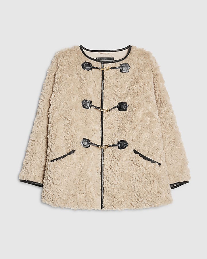 river island Beige Long Sleeve Tipped Borg Duffle Coat
