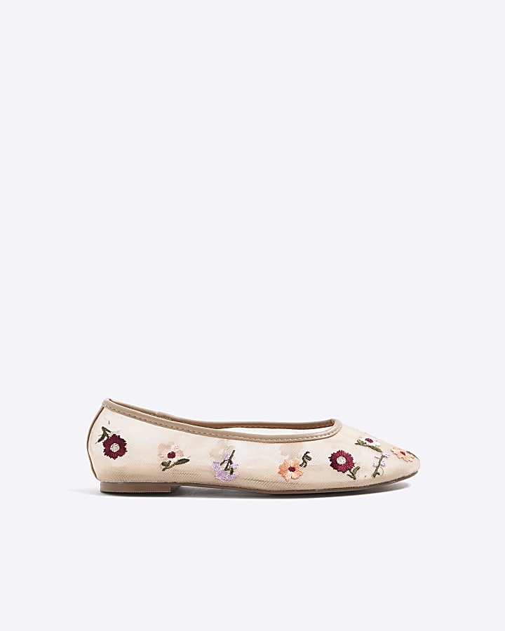 River Island Beige Mesh Floral Embroidered Ballet Pumps