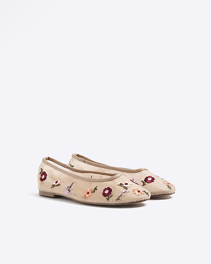 River Island Beige Mesh Floral Embroidered Ballet Pumps