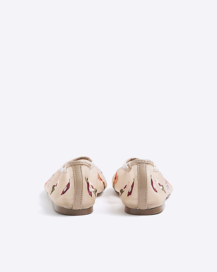 River Island Beige Mesh Floral Embroidered Ballet Pumps