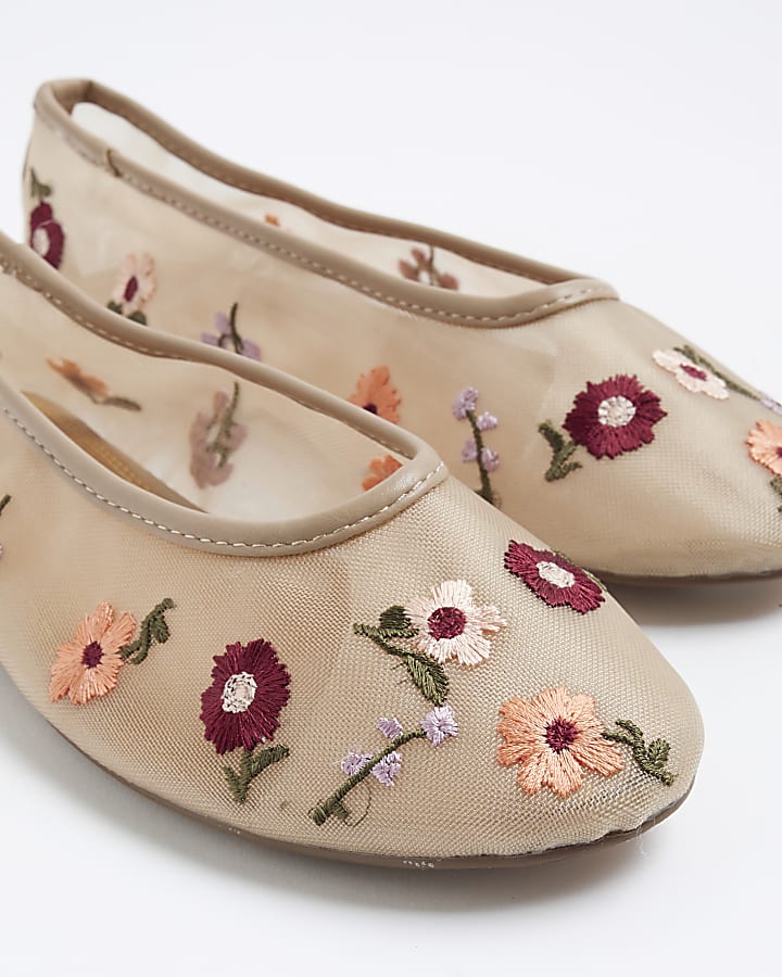 river island Beige Mesh Floral Embroidered Ballet Pumps