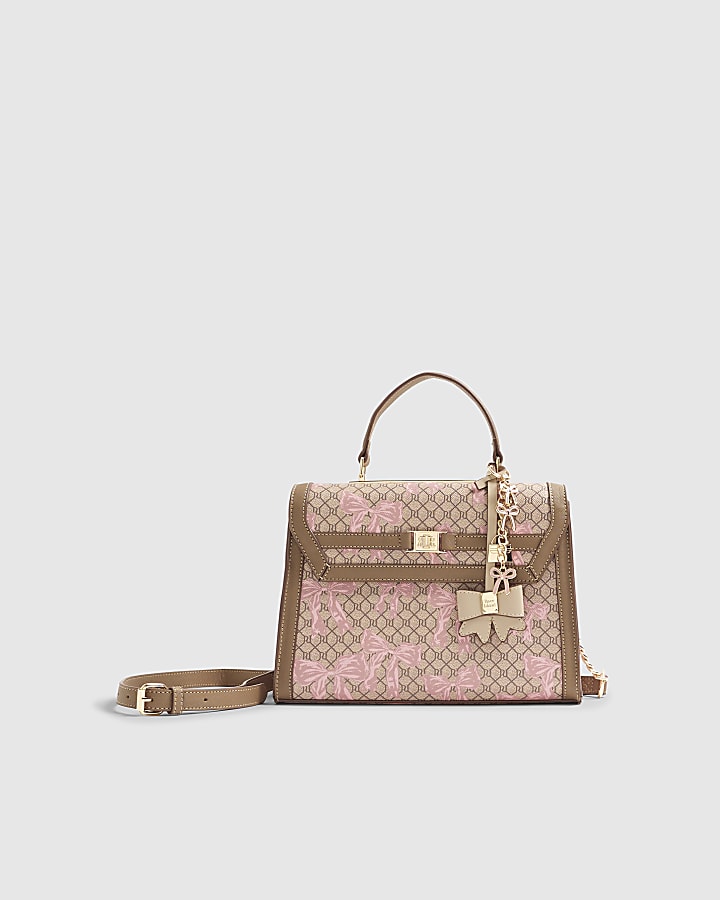 River Island Beige Monogram Bow Print Charm Tote Bag