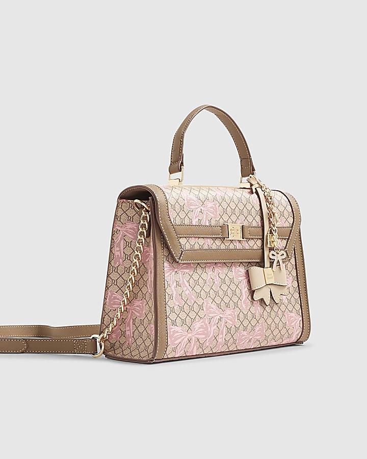 River Island Beige Monogram Bow Print Charm Tote Bag