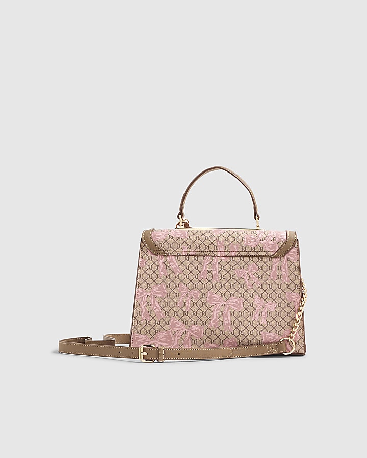 River Island Beige Monogram Bow Print Charm Tote Bag