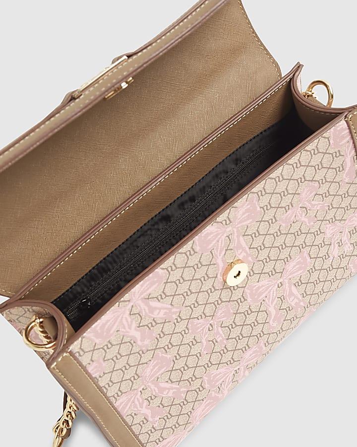 river island Beige Monogram Bow Print Charm Tote Bag