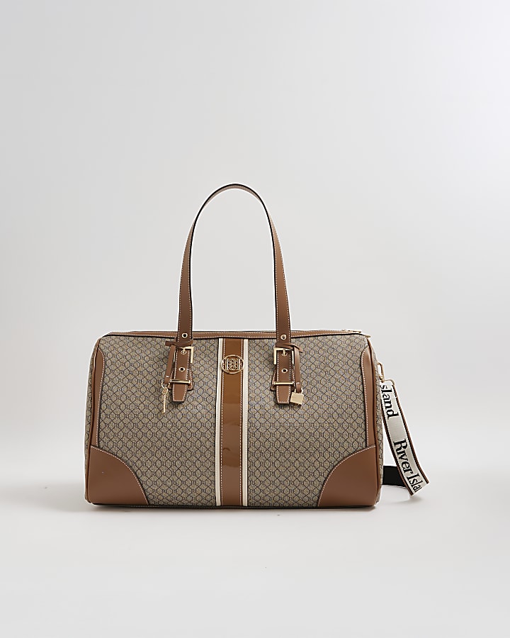River Island Beige Monogram Print Charm Holdall Bag