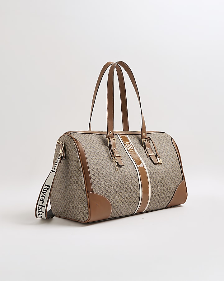 River Island Beige Monogram Print Charm Holdall Bag