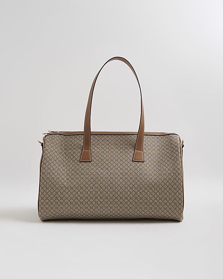 River Island Beige Monogram Print Charm Holdall Bag