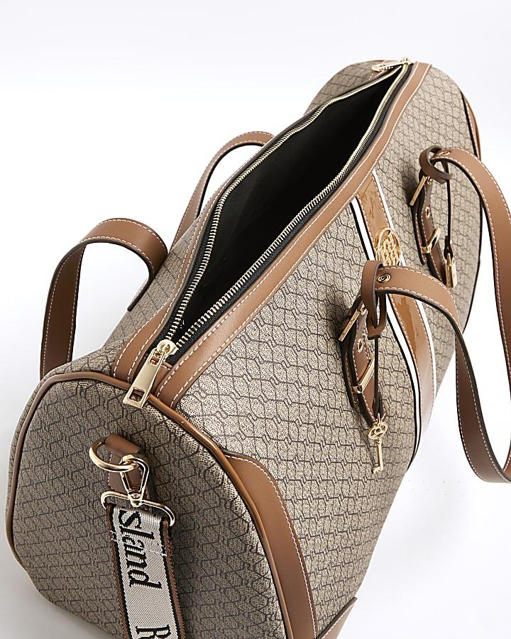 river island Beige Monogram Print Charm Holdall Bag