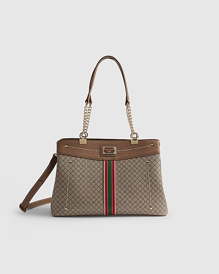 River Island Beige Monogram Webbing Front Chain Tote Bag