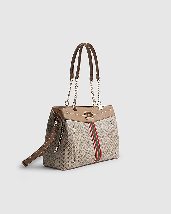 River Island Beige Monogram Webbing Front Chain Tote Bag