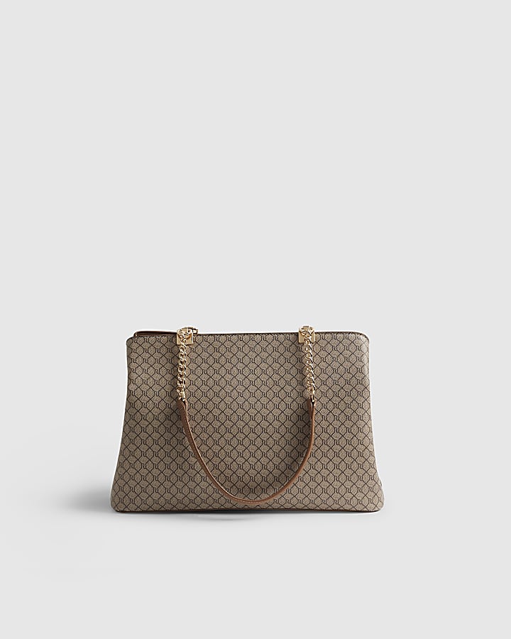 River Island Beige Monogram Webbing Front Chain Tote Bag