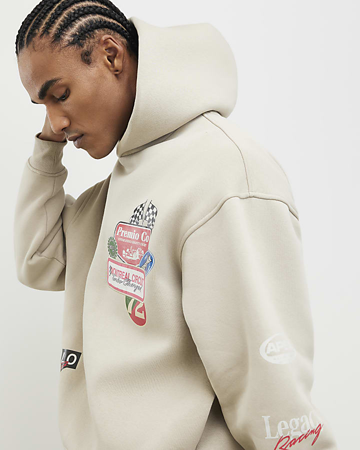 River Island Beige Oversized Fit Multi Badging Hoodie