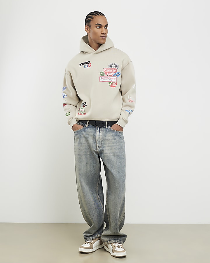River Island Beige Oversized Fit Multi Badging Hoodie