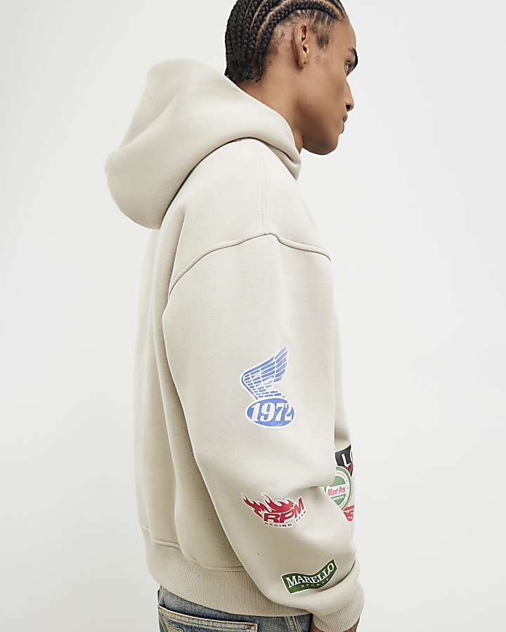 River Island Beige Oversized Fit Multi Badging Hoodie