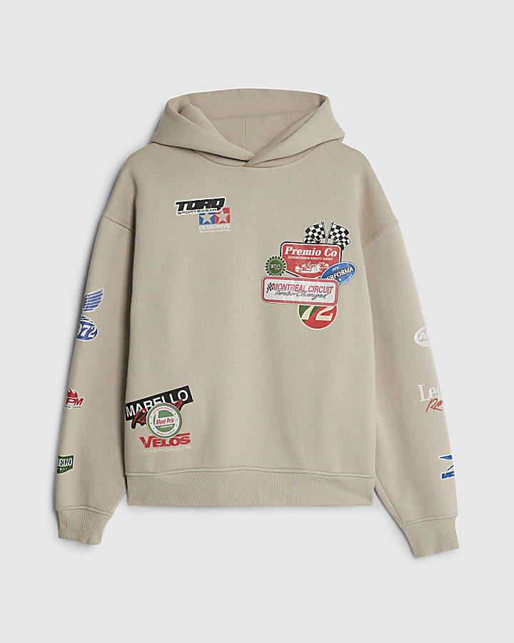 river island Beige Oversized Fit Multi Badging Hoodie