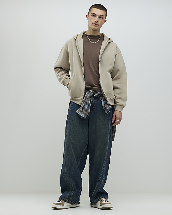 River Island Beige Oversized Fit Zip Through Hoodie