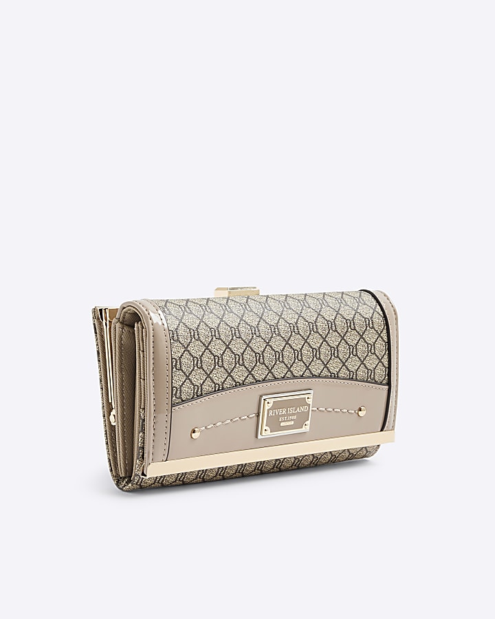 River Island Beige Patent RI Monogram Panelled Purse