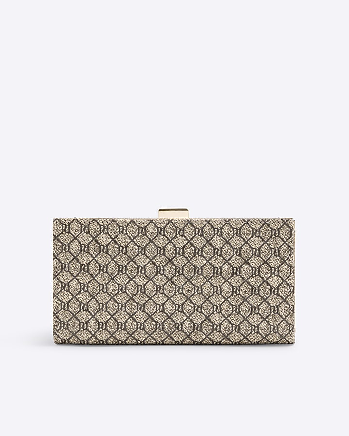 River Island Beige Patent RI Monogram Panelled Purse