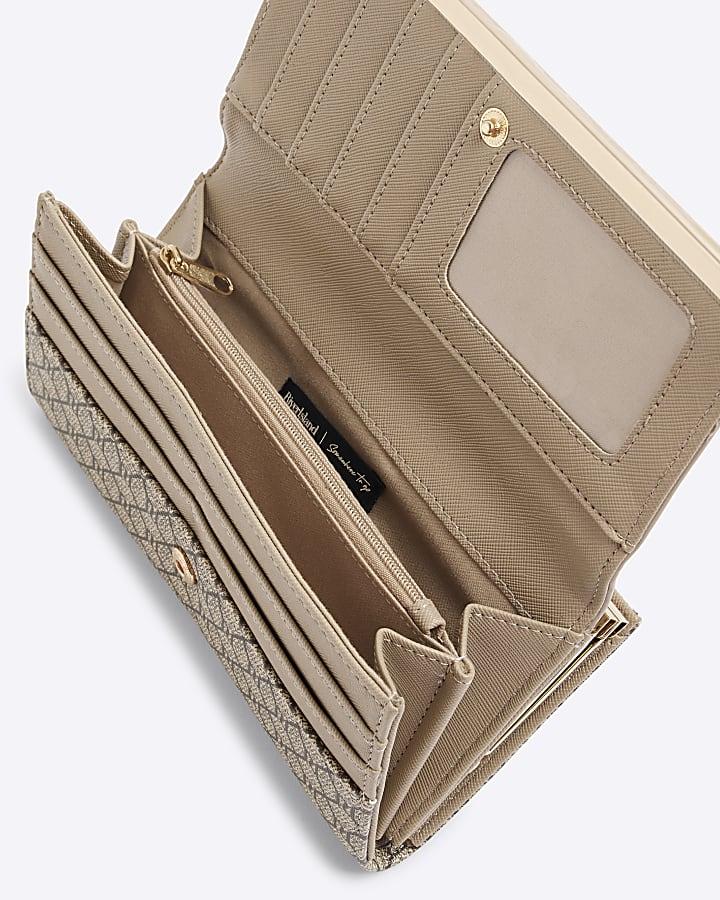 River Island Beige Patent RI Monogram Panelled Purse