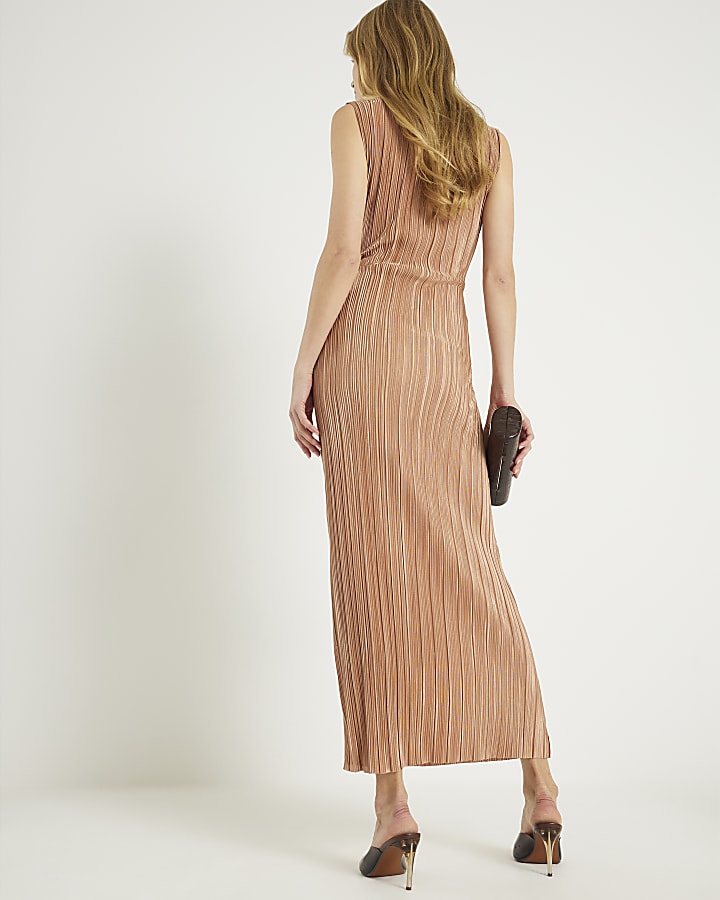 River Island Beige Plisse Sleeveless Wrap Waist Midi Dress