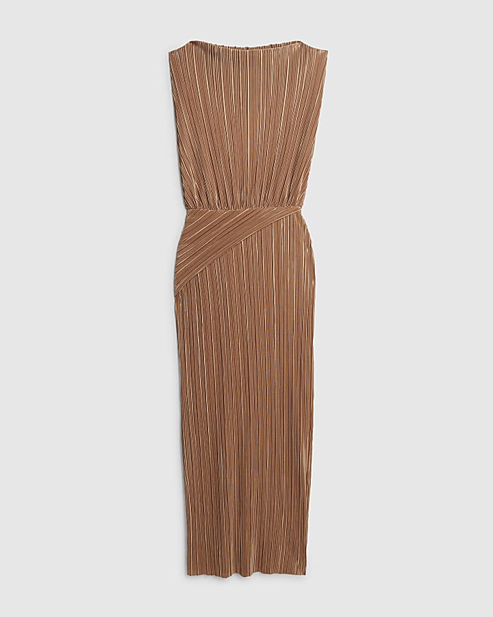 river island Beige Plisse Sleeveless Wrap Waist Midi Dress