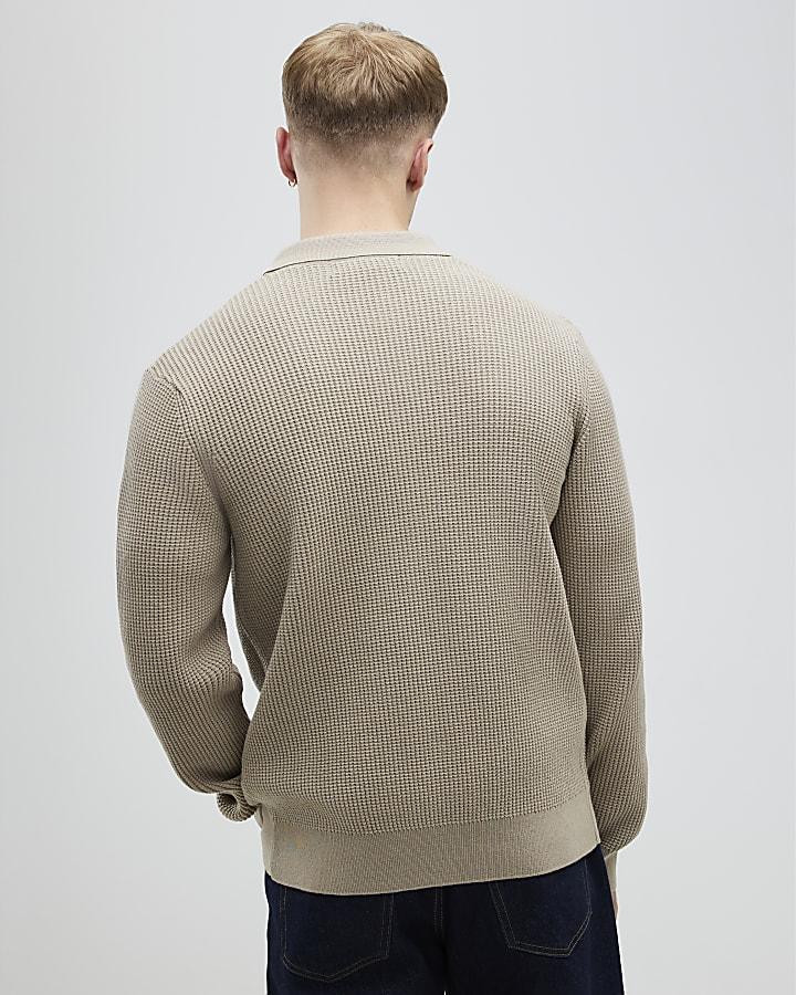 river island Beige Regular Fit Knitted Button Up Cardigan