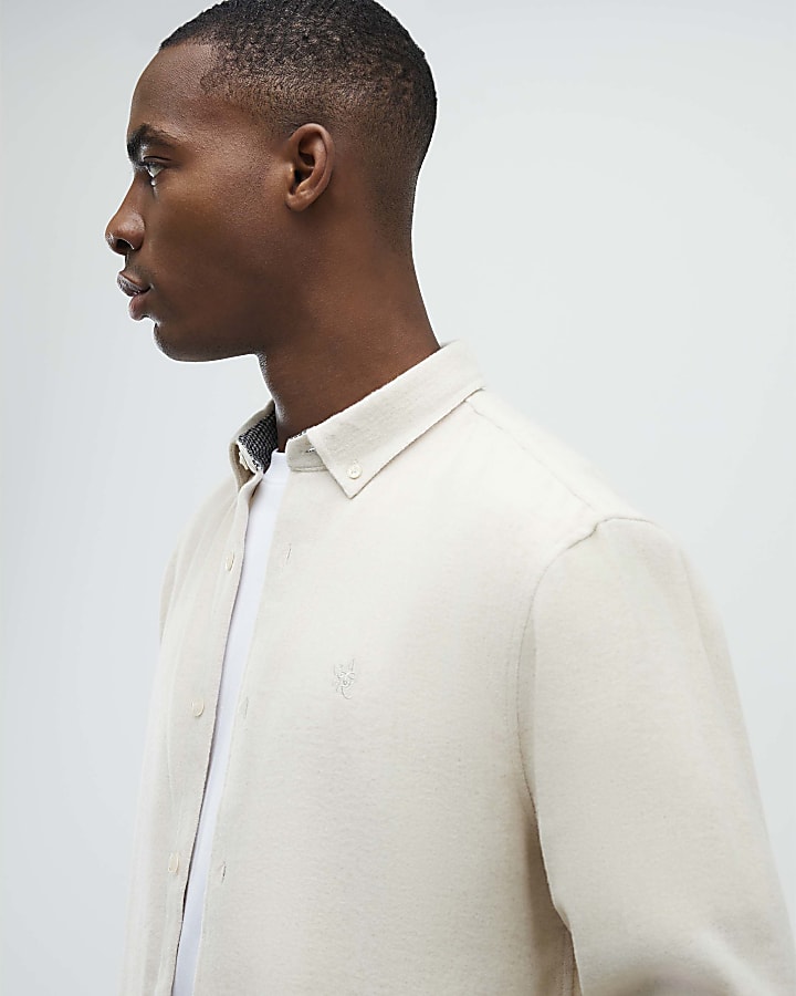 River Island Beige Regular Fit Long Sleeve Flannel Shirt