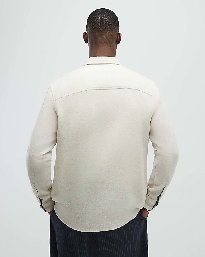 River Island Beige Regular Fit Long Sleeve Flannel Shirt