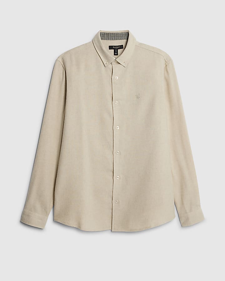 river island Beige Regular Fit Long Sleeve Flannel Shirt