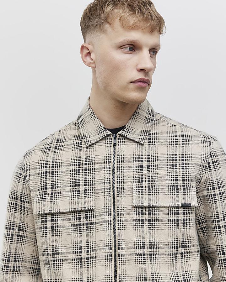 River Island Beige Regular Fit Zip Through Check Overshirt