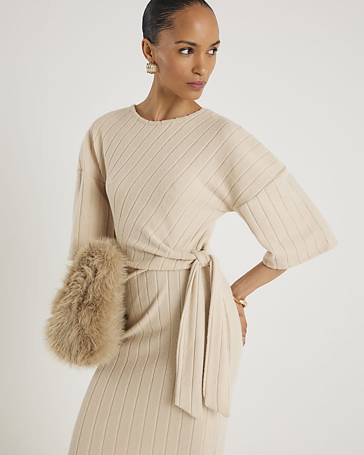 River Island Beige Short Sleeve Cosy Ribbed Midi Dress