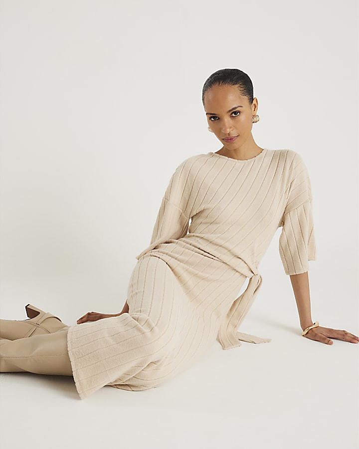 River Island Beige Short Sleeve Cosy Ribbed Midi Dress