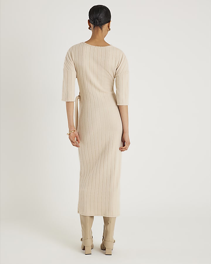 River Island Beige Short Sleeve Cosy Ribbed Midi Dress