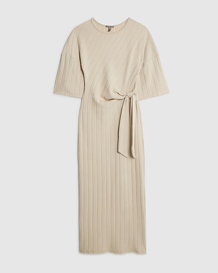 river island Beige Short Sleeve Cosy Ribbed Midi Dress