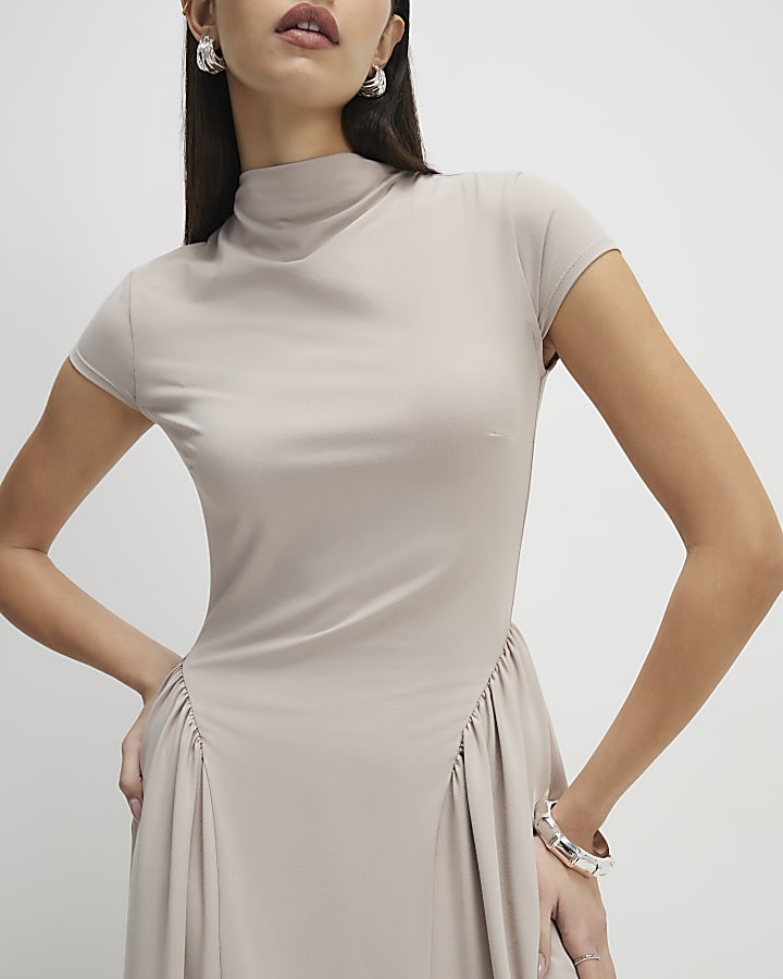 River Island Beige Short Sleeve Fitted Waist Maxi Dress