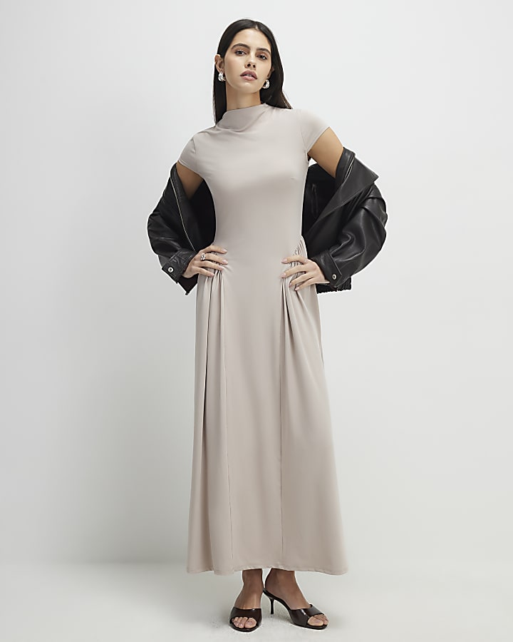 River Island Beige Short Sleeve Fitted Waist Maxi Dress