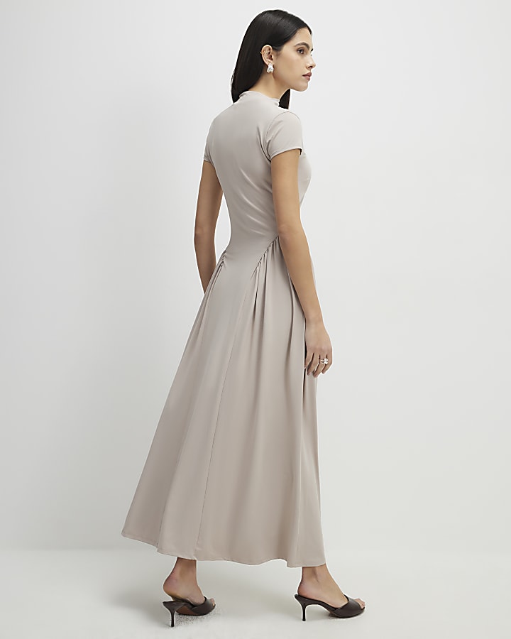 river island Beige Short Sleeve Fitted Waist Maxi Dress