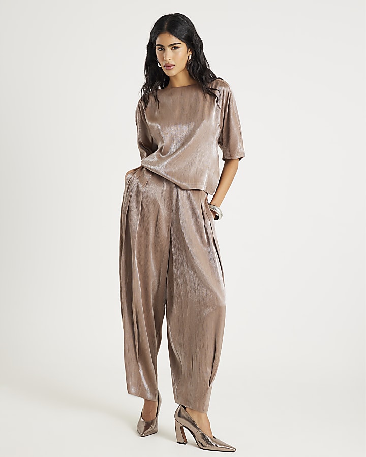 River Island Beige Short Sleeve Metallic Tailored Top