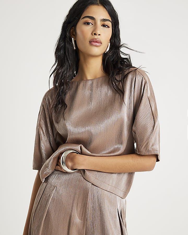 River Island Beige Short Sleeve Metallic Tailored Top