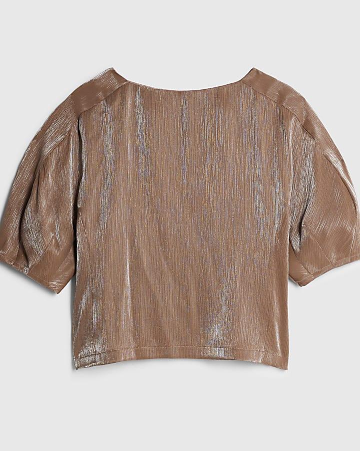 river island Beige Short Sleeve Metallic Tailored Top
